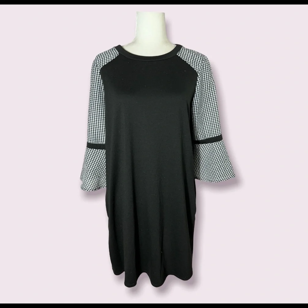 New Black and Checked Bell Sleeve Dress - Picture 1 of 9